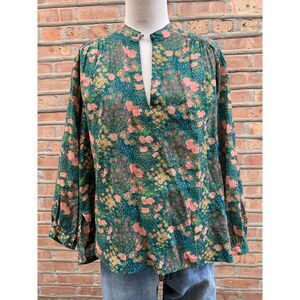 Birds of Paradise by Trovata Green Floral Shirt Blouse Top Size M Long Sleeve